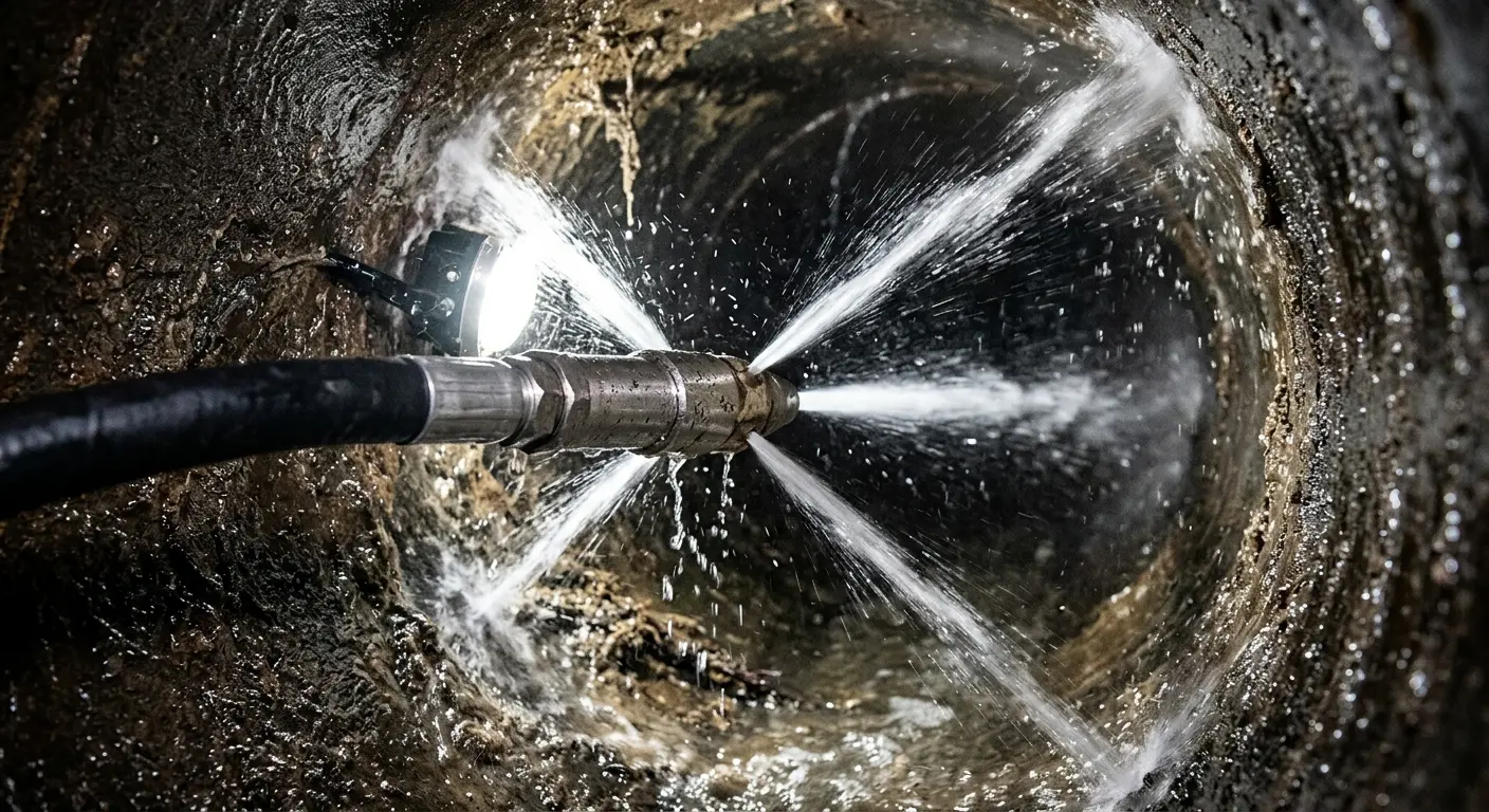 High-pressure hydro jetting nozzle cleaning sewer pipe for Sewer Cleanout in Dunellen