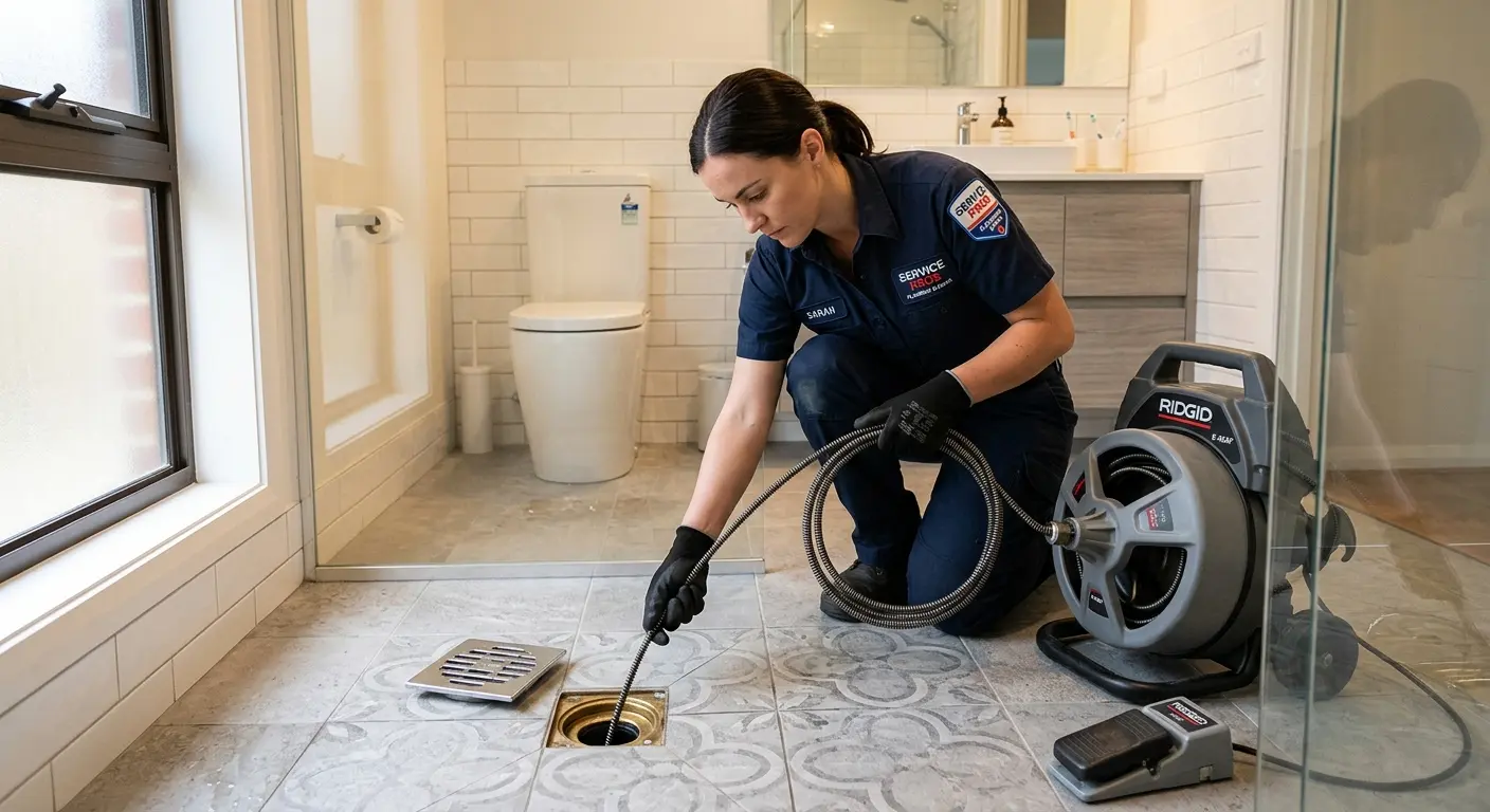 Technician clearing a bathroom floor drain for Sewer Line Replacement in Dunellen